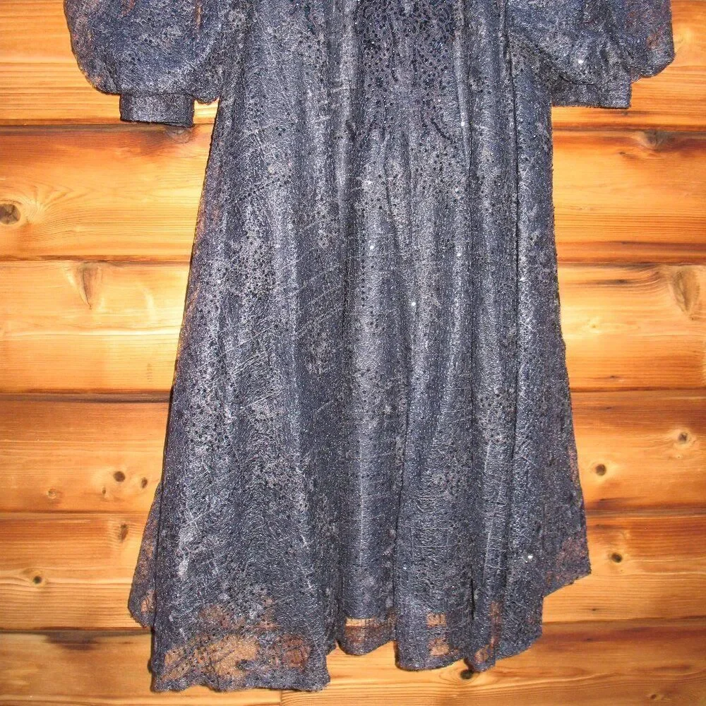 MAC DUGGAL 20391 Womens Blue Embellished Plunge Neck Bishop Sleeve Midi Dress